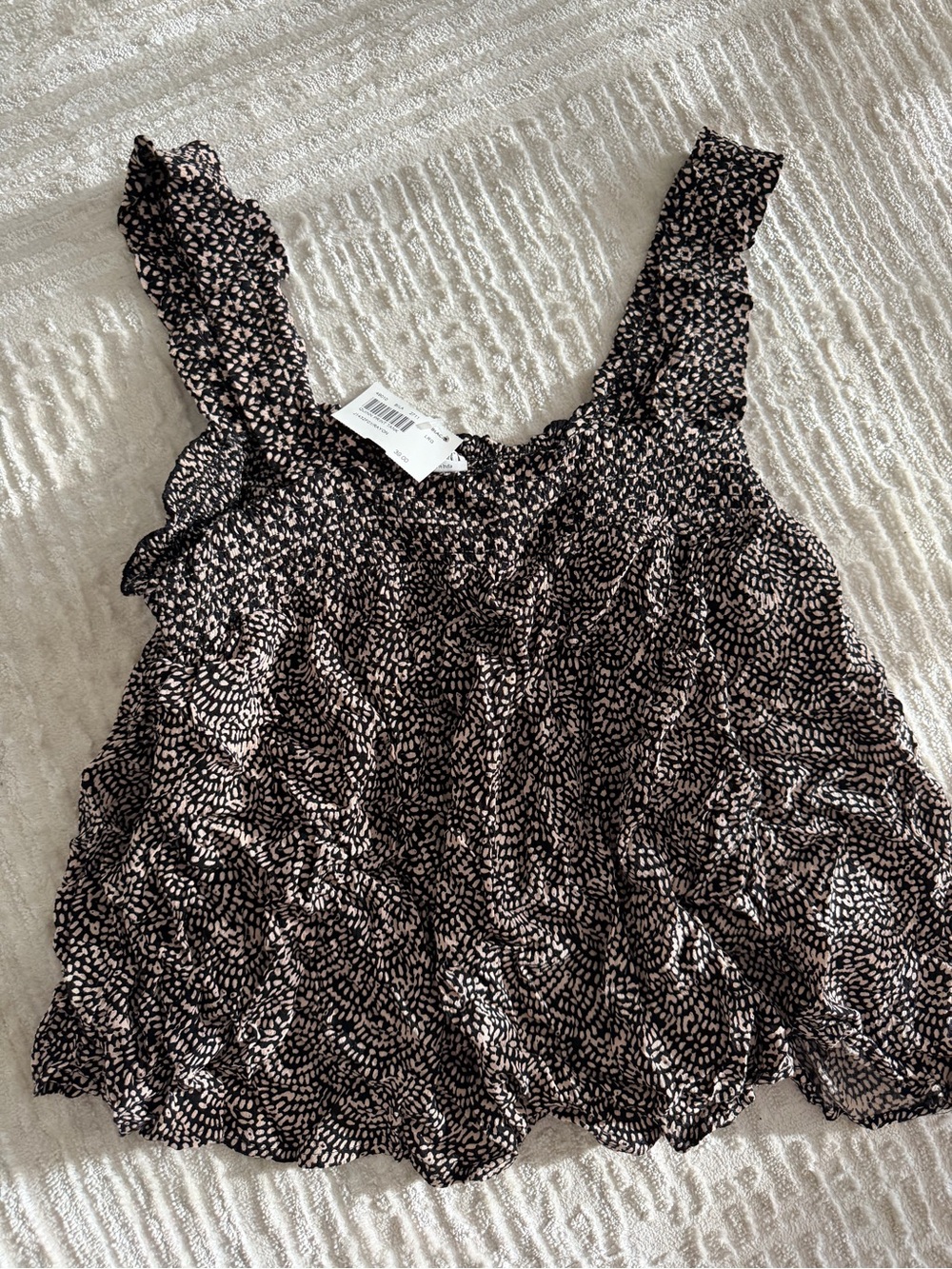 Bila Black and Light Pink Printed Ruffle Strap Camisole